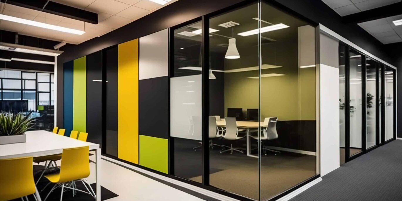 Modernes Büro mit Glaswänden und Farbgestaltung in Gelb, Grün, Blau, Weiß und Schwarz.