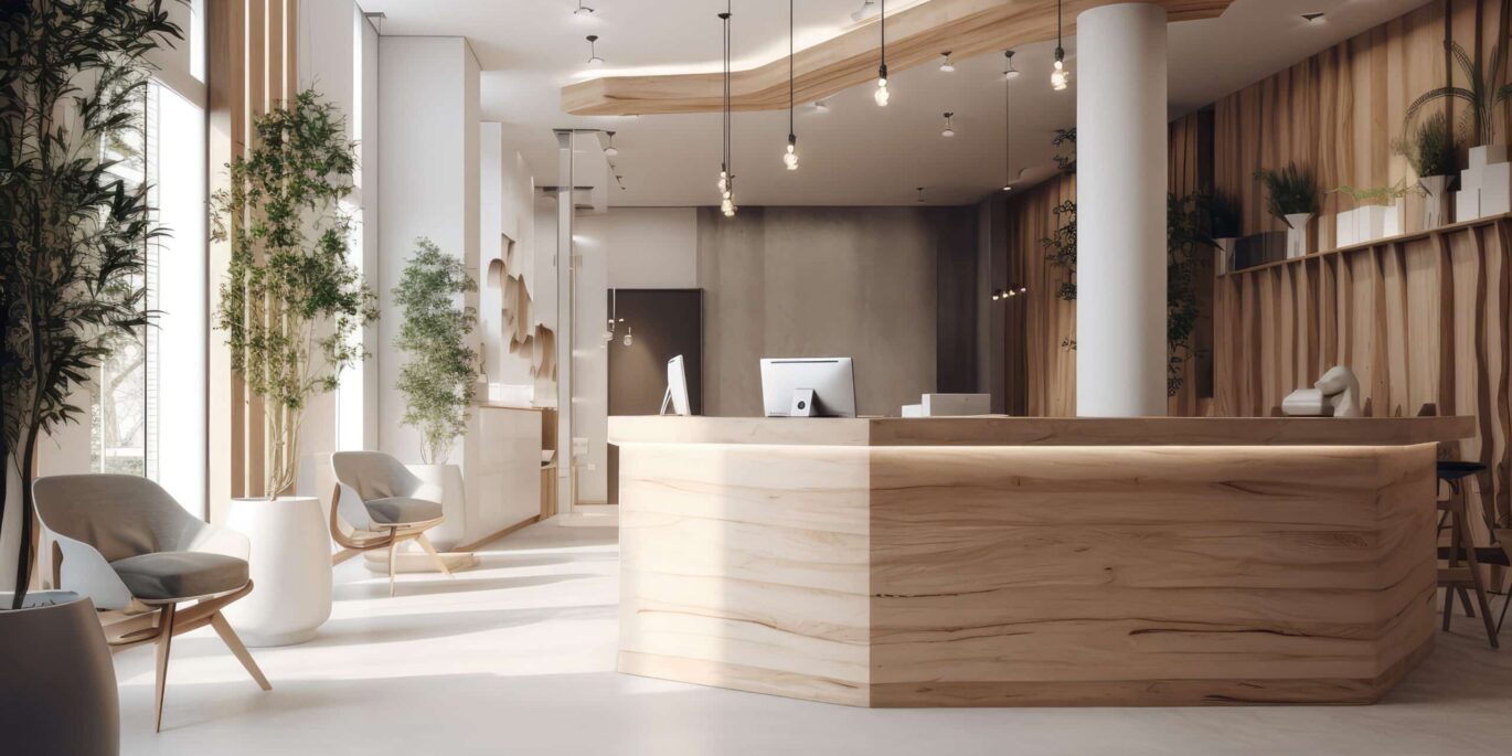 Heller Empfangsbereich mit modernem Holz-Design, großzügigem Tresen, Sitzmöglichkeiten und stilvollen Pflanzenakzenten.