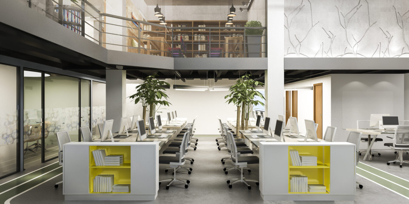 Modernes Großraumbüro mit ergonomischen Arbeitsplätzen, Pflanzen und farbigen Akzenten – Beispiel für Büromöbeltrends 2024.