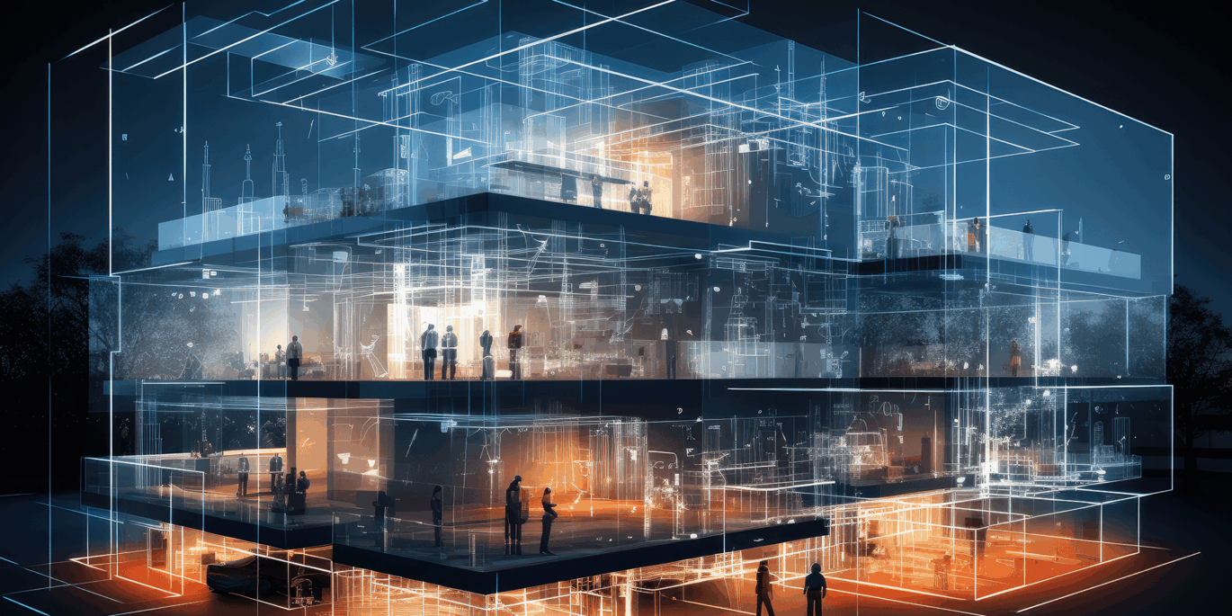 Visualisierung eines modernen Bürogebäudes mit transparenten Strukturen, leuchtenden Ebenen und Menschen im Innenraum – Symbol für Technologie im Büro.