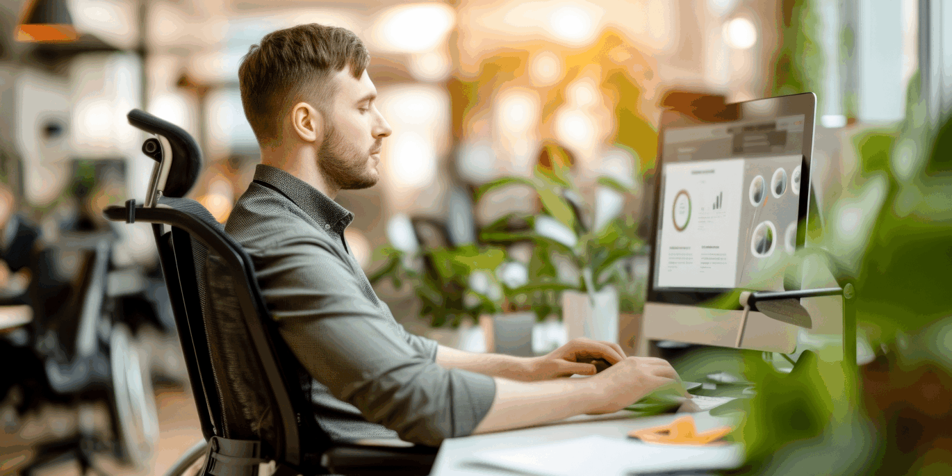 Ein junger Mann im Rollstuhl arbeitet konzentriert am Computer in einem modernen Büro – ein Beispiel für barrierefreie Arbeitsplätze.
